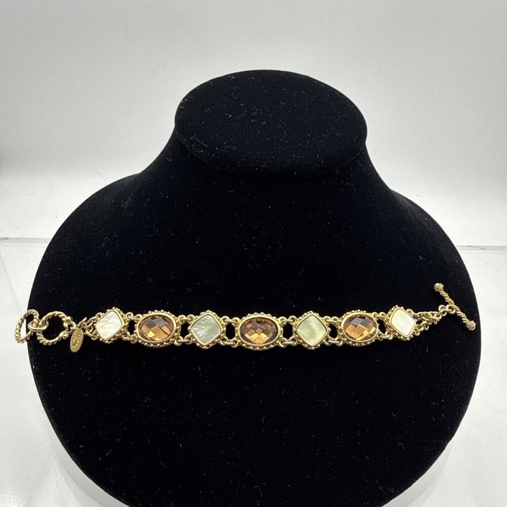 Vintage Cookie Lee Signed Dual Tone Amber Rhinestones Toggle Bracelet up to 7.5"